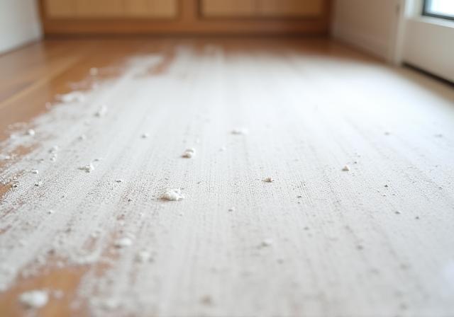 Suelo de madera con capa de polvo blanco post-obra